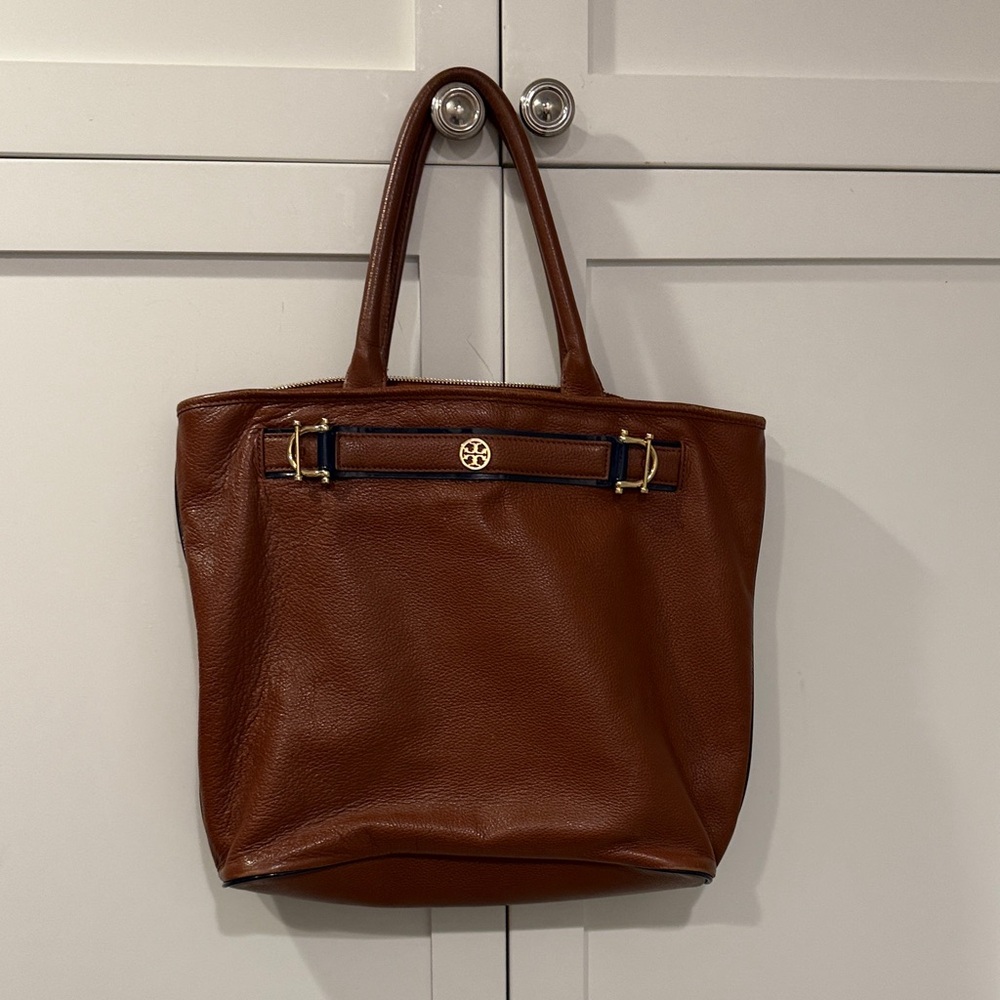 Tory Burch “Horse Bit” Brown Tote with Navy Blue Detailing